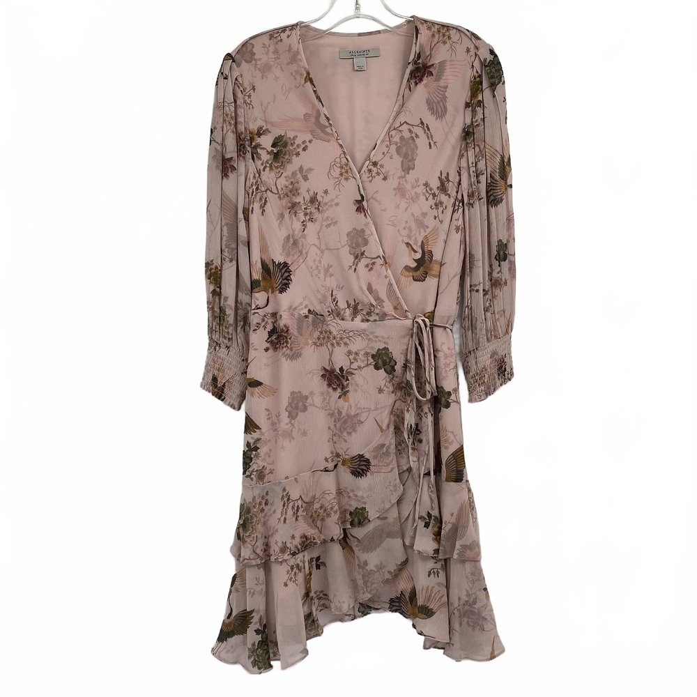 All Saints Pink Floral Ari Peggy Wrap Mini Dress | Womens 8